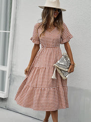 Vintage Plaid Slim Ruffles High Waist Midi Sundress