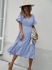 Vintage Plaid Slim Ruffles High Waist Midi Sundress
