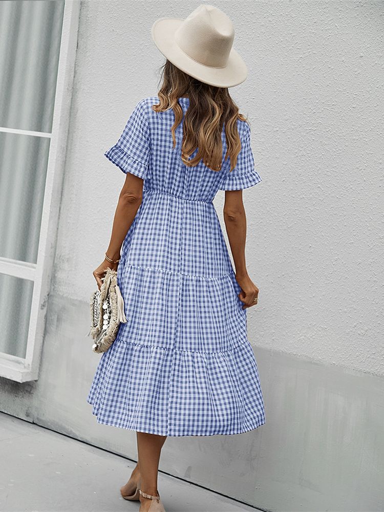 Vintage Plaid Slim Ruffles High Waist Midi Sundress