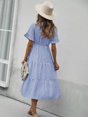 Vintage Plaid Slim Ruffles High Waist Midi Sundress
