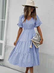 Vintage Plaid Slim Ruffles High Waist Midi Sundress