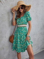 Bohemian Short Floral Print Elastic Waist Dress