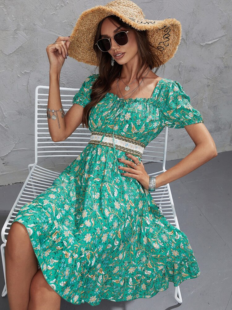 Bohemian Short Floral Print Elastic Waist Dress