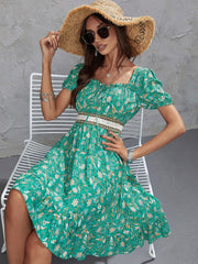 Bohemian Short Floral Print Elastic Waist Dress