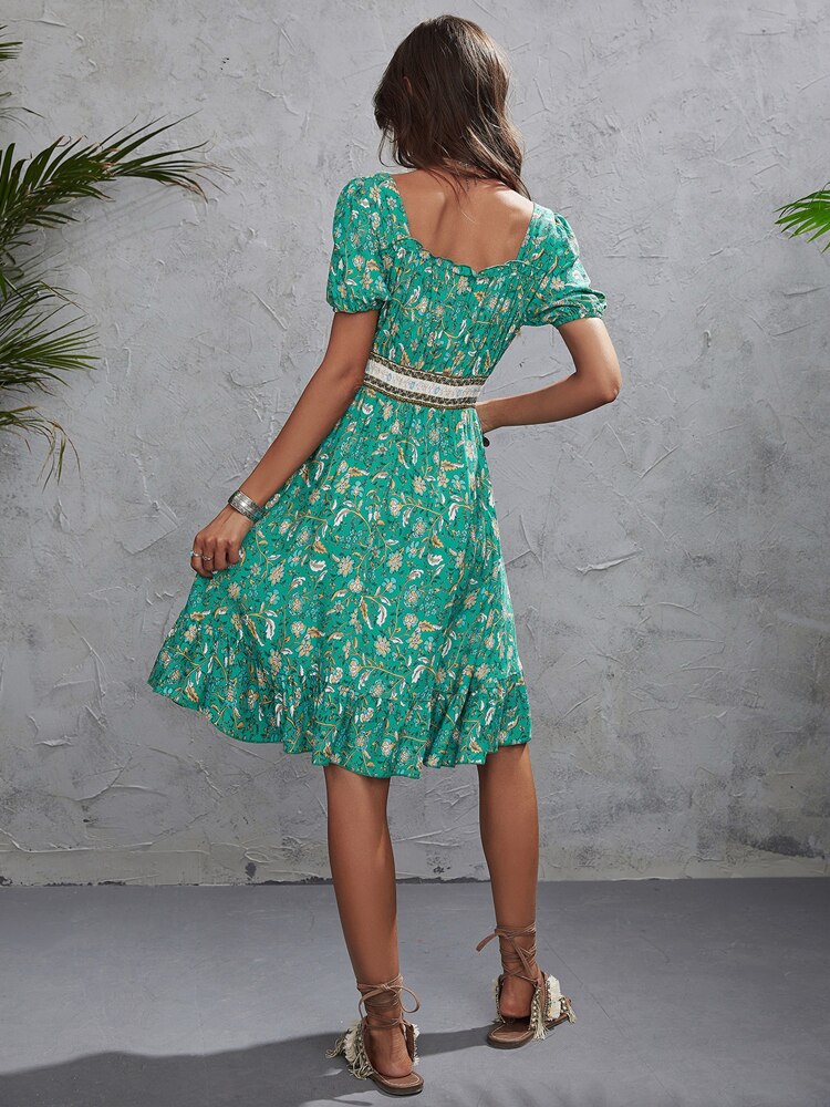 Bohemian Short Floral Print Elastic Waist Dress