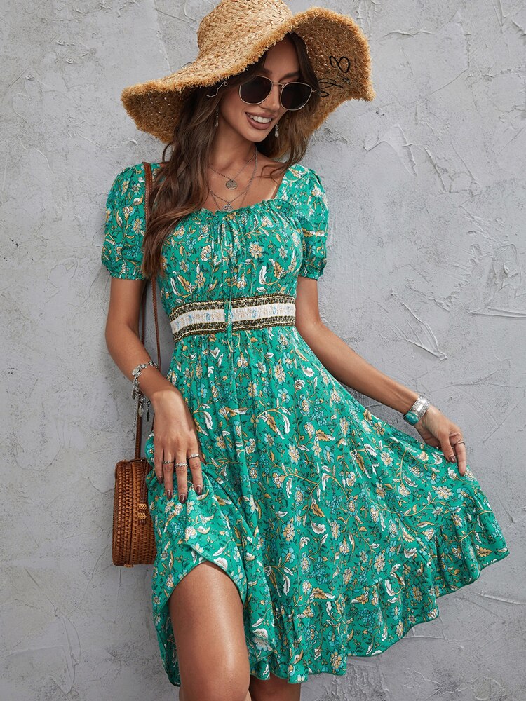 Bohemian Short Floral Print Elastic Waist Dress