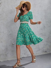 Bohemian Short Floral Print Elastic Waist Dress