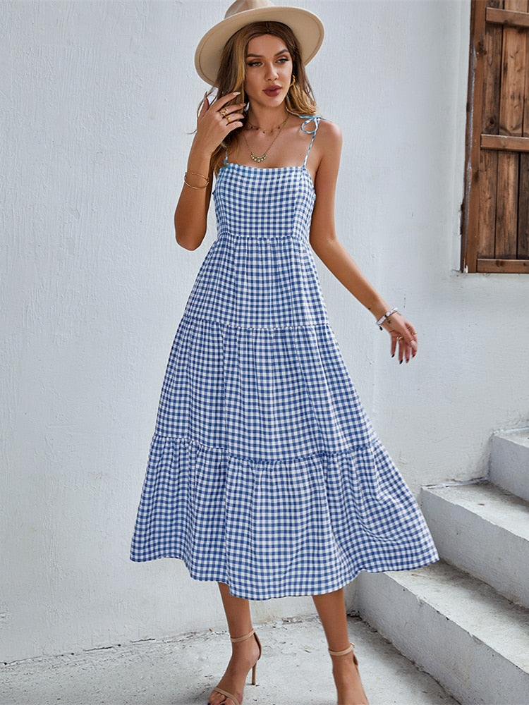 Boho Plaid Backless Casual Ruffles Party Beach Sundress