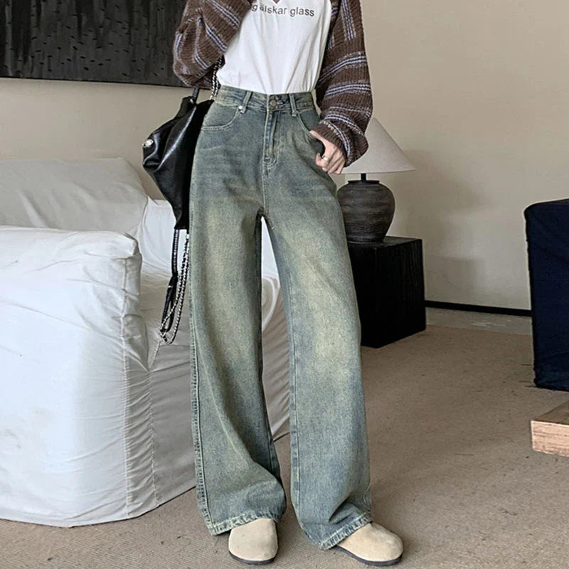 Size Nostalgia Wide Leg Jeans American High Waist Pear Loose Covered Meat Dragging Vintage Straight Pants Jeans