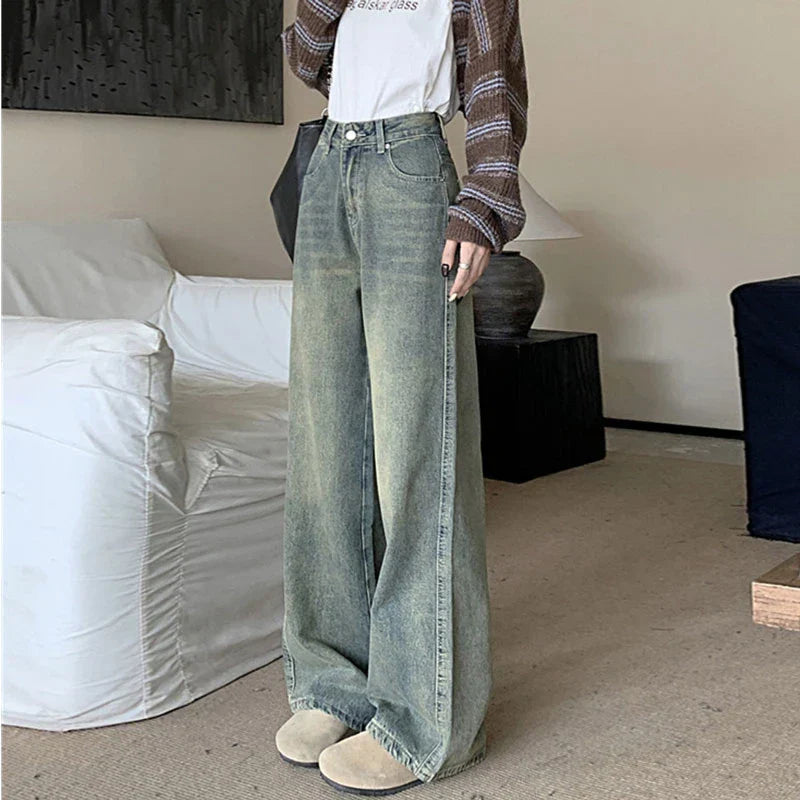 Size Nostalgia Wide Leg Jeans American High Waist Pear Loose Covered Meat Dragging Vintage Straight Pants Jeans