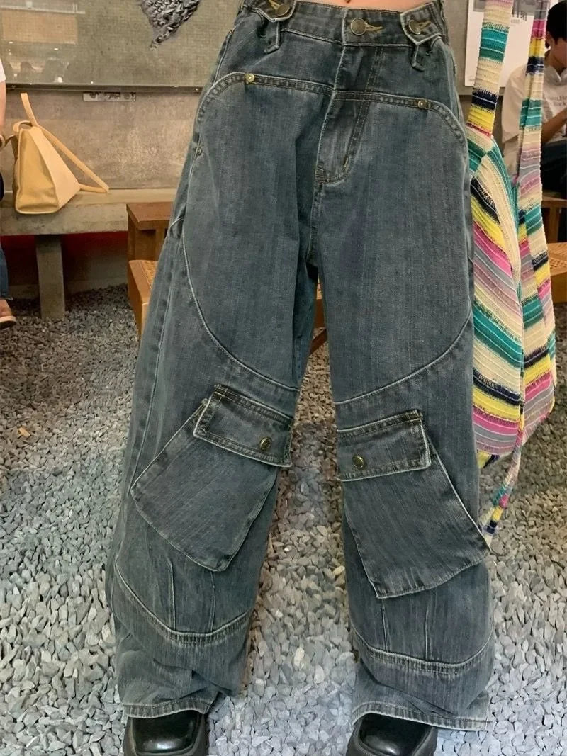 Retro Punk Style Large Pocket Tooling Jeans WomenStreet Fashion Pants