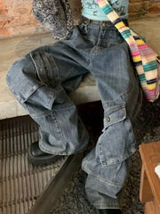 Retro Punk Style Large Pocket Tooling Jeans WomenStreet Fashion Pants