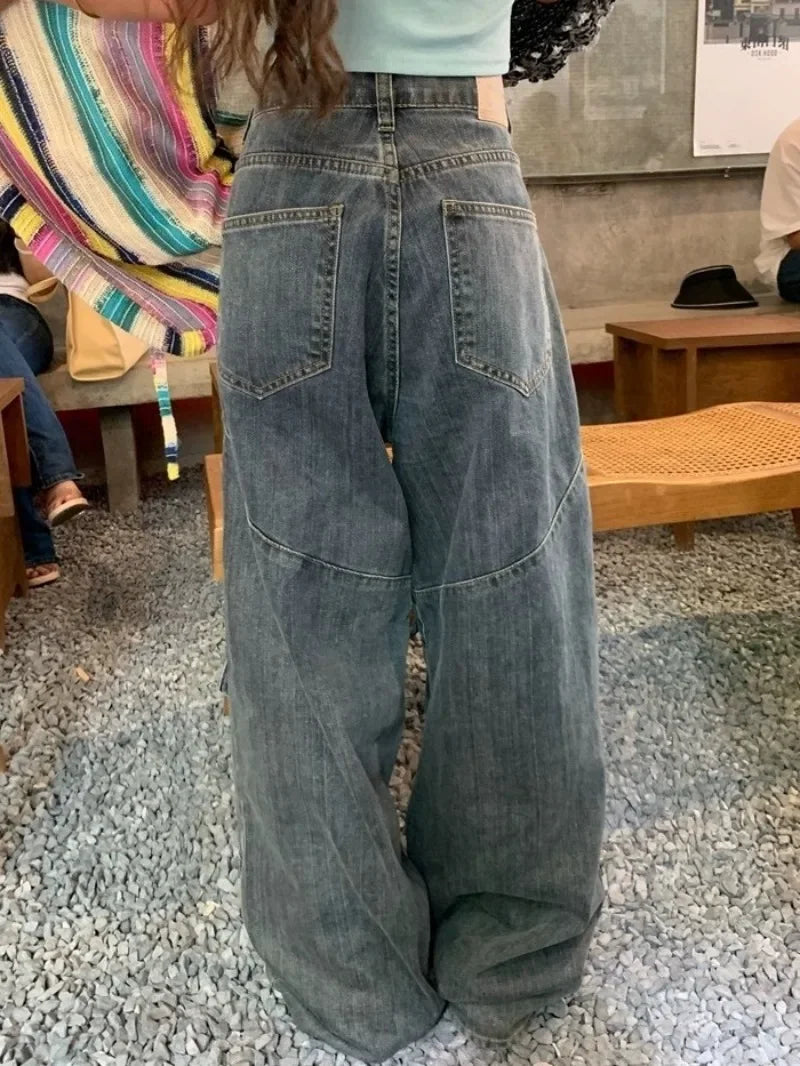 Retro Punk Style Large Pocket Tooling Jeans WomenStreet Fashion Pants