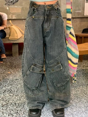 Retro Punk Style Large Pocket Tooling Jeans WomenStreet Fashion Pants