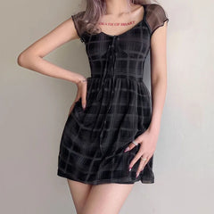 Lattice Pattern A-Line Short Sleeve For WomenClothes Summer Comfortable Lady Streetwear Mini Dress
