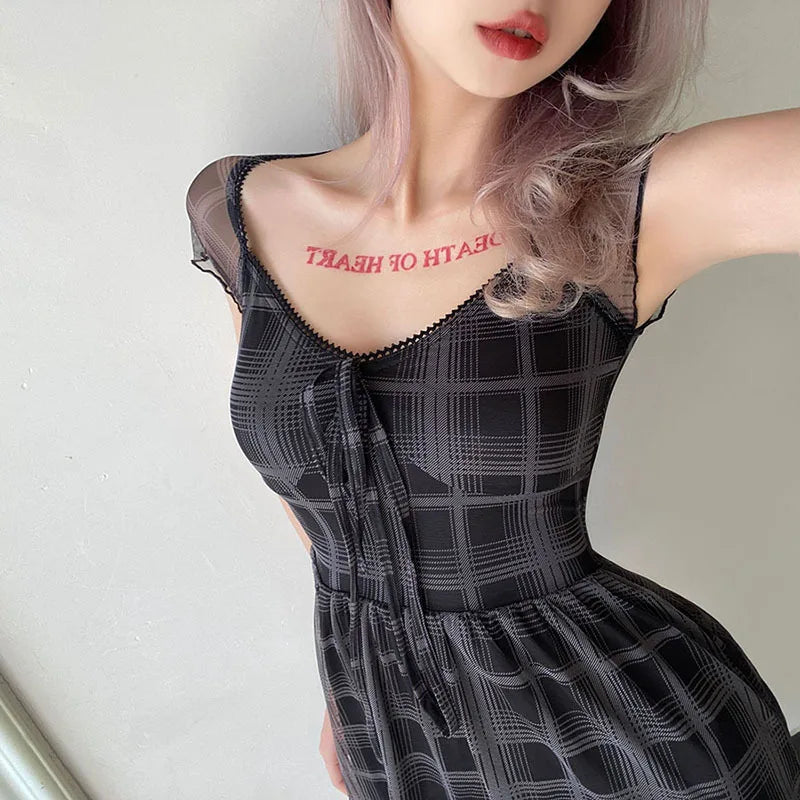 Lattice Pattern A-Line Short Sleeve For WomenClothes Summer Comfortable Lady Streetwear Mini Dress