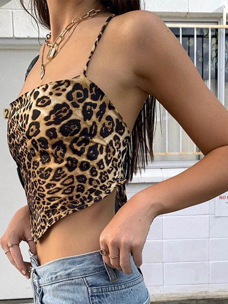 Leopard Backless Rave Sleeveless Lace Up Bralette Crop Tops