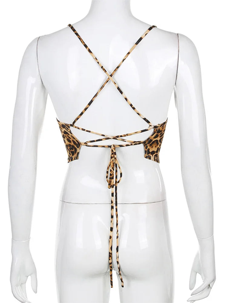 Leopard Backless Rave Sleeveless Lace Up Bralette Crop Tops