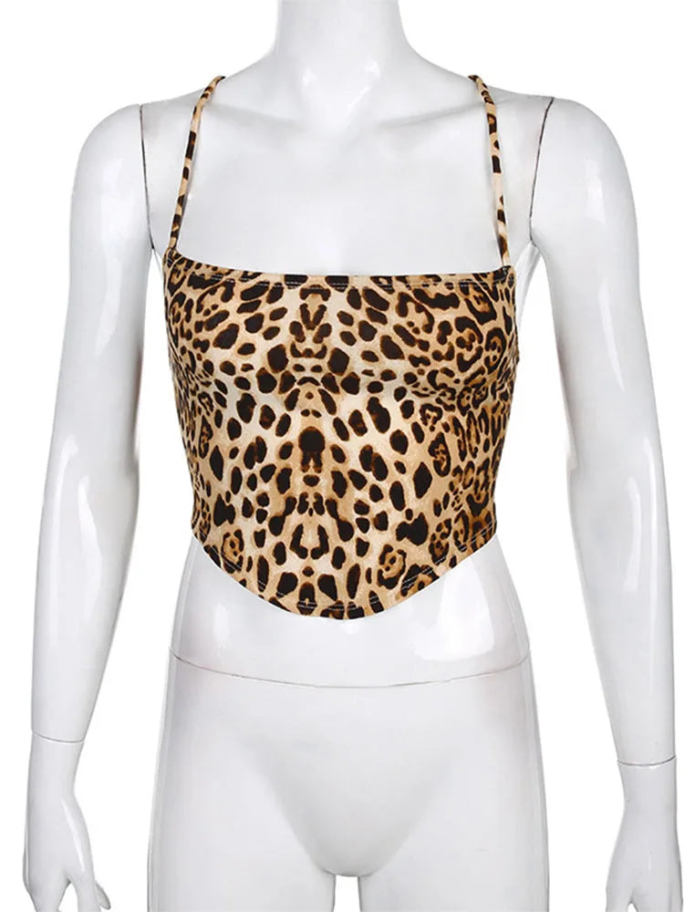 Leopard Backless Rave Sleeveless Lace Up Bralette Crop Tops