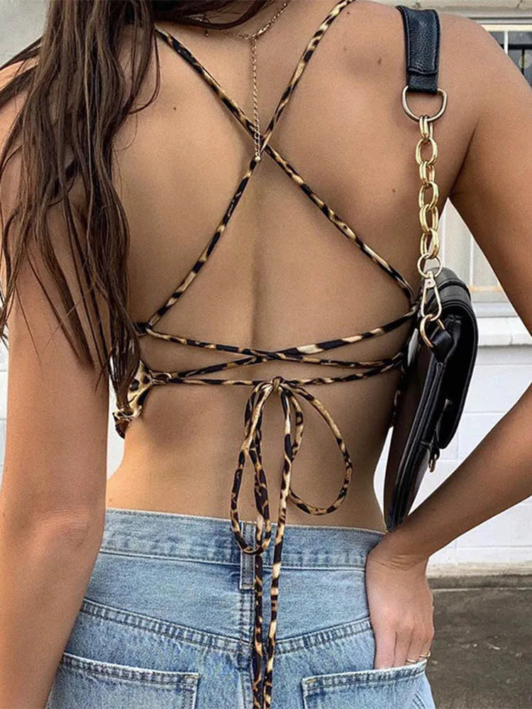 Leopard Backless Rave Sleeveless Lace Up Bralette Crop Tops