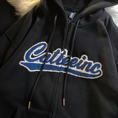 Letter Embroidery Vintage Loose Zipper Hoodies
