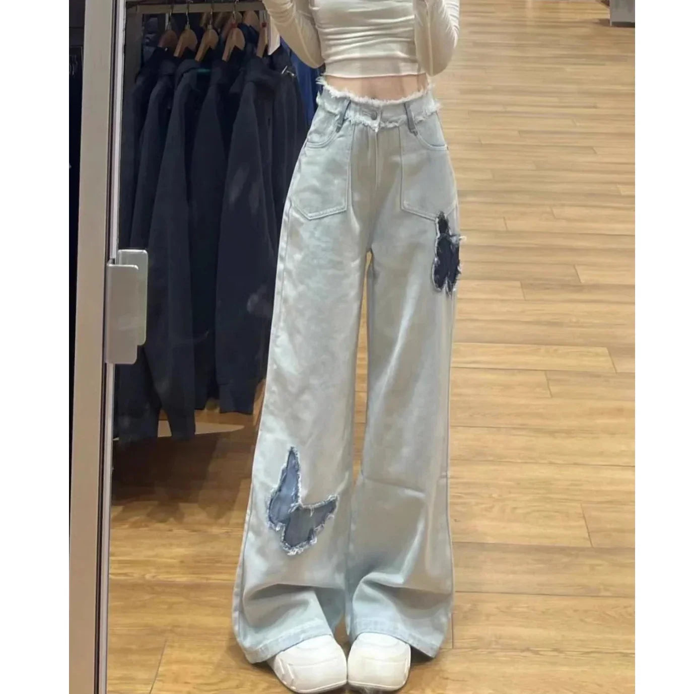 New Spring Fall Models WomenButterfly High-Waisted Loose Straight Long Jeans