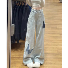New Spring Fall Models WomenButterfly High-Waisted Loose Straight Long Jeans