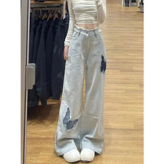 New Spring Fall Models WomenButterfly High-Waisted Loose Straight Long Jeans