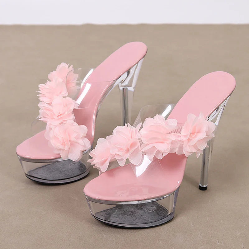 Liyke New Fashion Pink Flowers PVC Transparent Shoes For Super High Heels Platform Slipper Peep Toe Clear Sandal