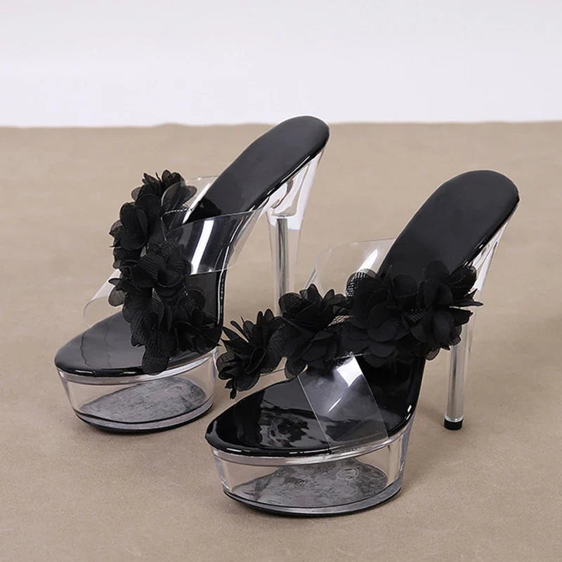 Liyke New Fashion Pink Flowers PVC Transparent Shoes For Super High Heels Platform Slipper Peep Toe Clear Sandal