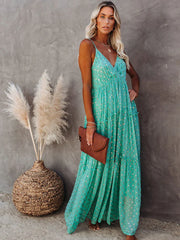 Sleeveless Spaghetti Strap Pleated V Neck Maxi Boho Dress