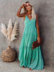 Sleeveless Spaghetti Strap Pleated V Neck Maxi Boho Dress