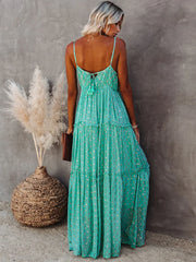 Sleeveless Spaghetti Strap Pleated V Neck Maxi Boho Dress