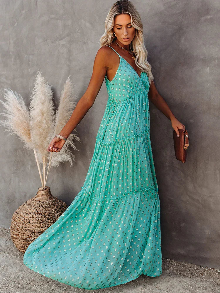 Sleeveless Spaghetti Strap Pleated V Neck Maxi Boho Dress