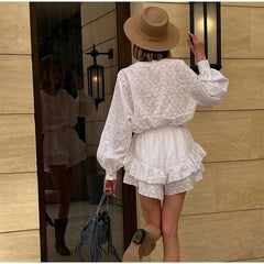 Sleeved Shirt Shorts Sets Summer Stand Collar Single Breasted White Blouse Suits Casual Vacation Mini Dress