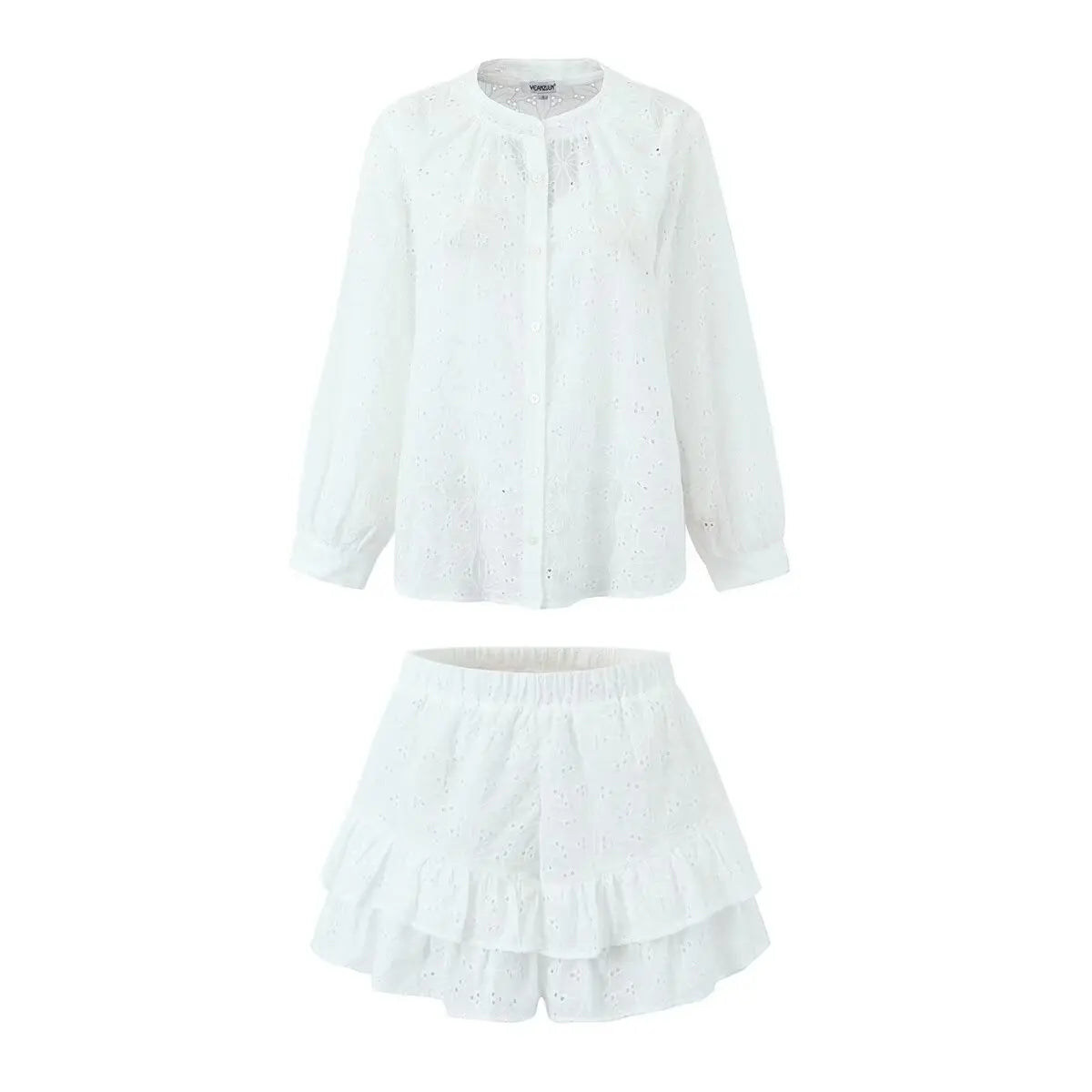 Sleeved Shirt Shorts Sets Summer Stand Collar Single Breasted White Blouse Suits Casual Vacation Mini Dress