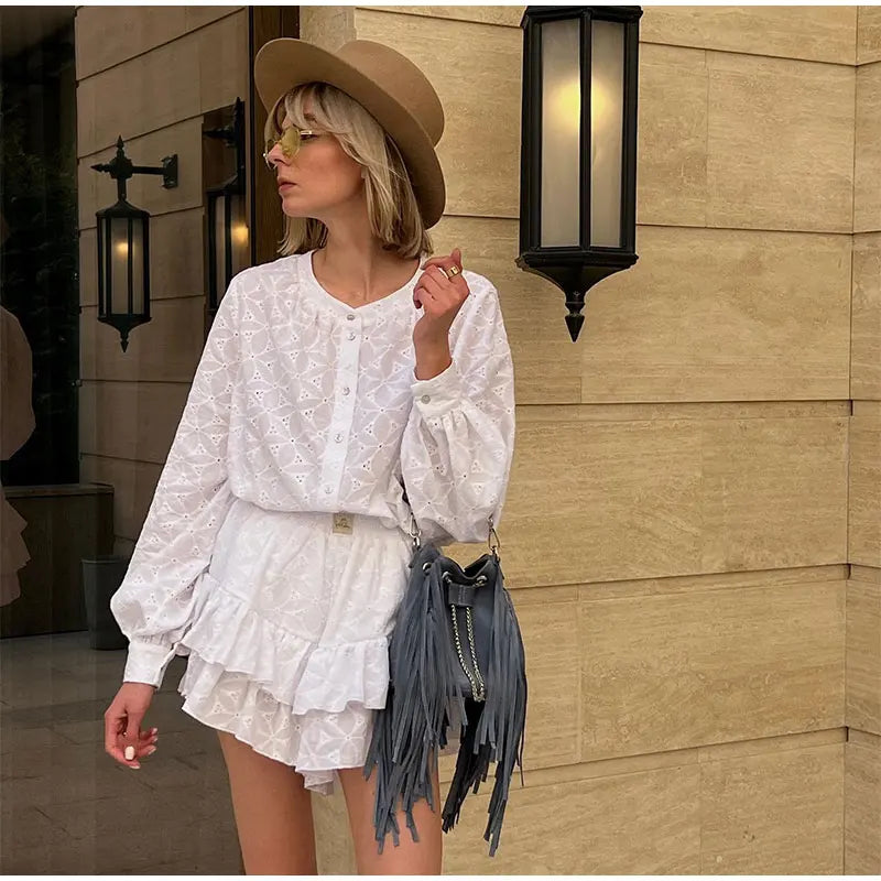Sleeved Shirt Shorts Sets Summer Stand Collar Single Breasted White Blouse Suits Casual Vacation Mini Dress