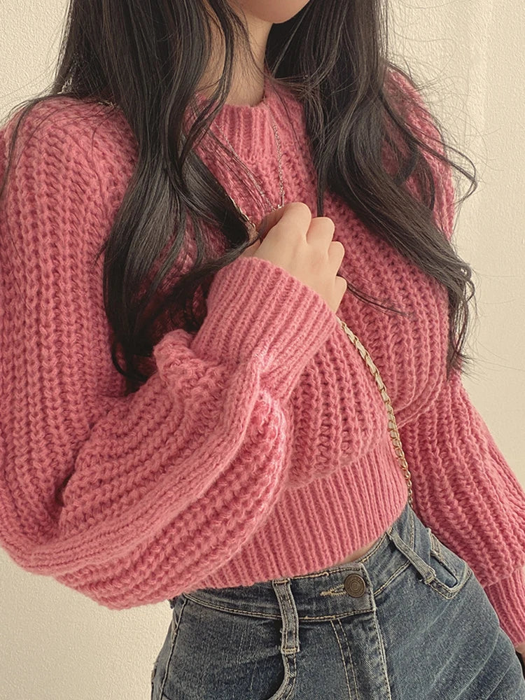 Vintage Harajuku Lantern Long Sleeve Korean Autumn Winter Knitwear Soft Warm Chic Solid Femme Sweater