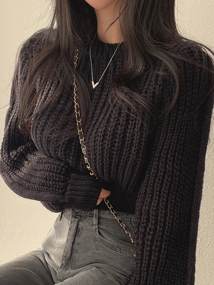 Vintage Harajuku Lantern Long Sleeve Korean Autumn Winter Knitwear Soft Warm Chic Solid Femme Sweater