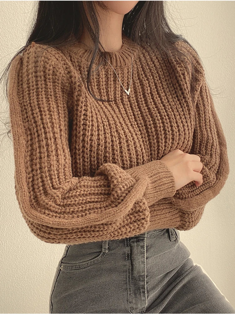 Vintage Harajuku Lantern Long Sleeve Korean Autumn Winter Knitwear Soft Warm Chic Solid Femme Sweater