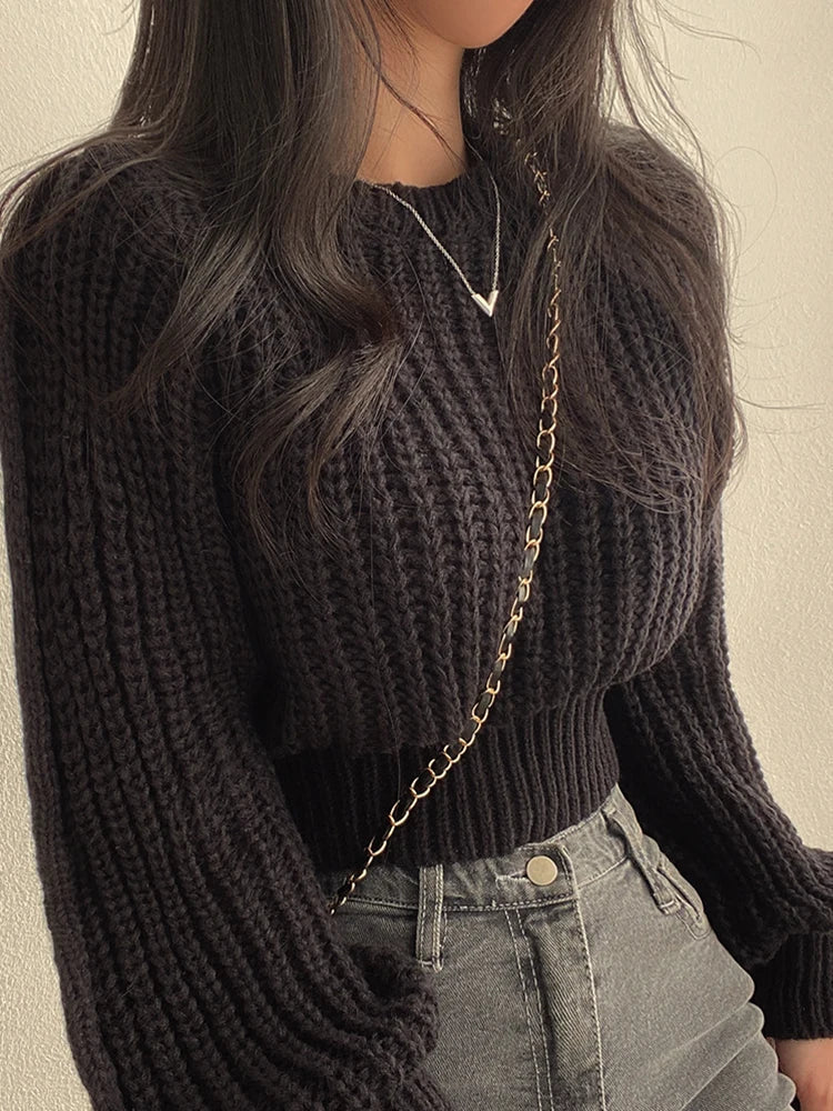 Vintage Harajuku Lantern Long Sleeve Korean Autumn Winter Knitwear Soft Warm Chic Solid Femme Sweater