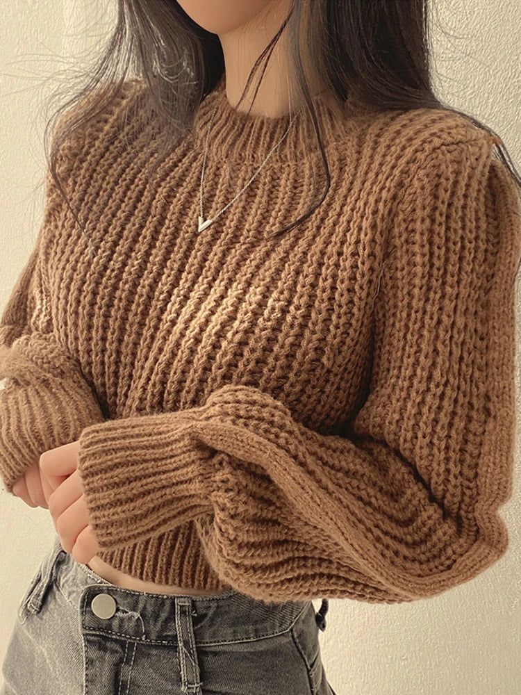 Vintage Harajuku Lantern Long Sleeve Korean Autumn Winter Knitwear Soft Warm Chic Solid Femme Sweater