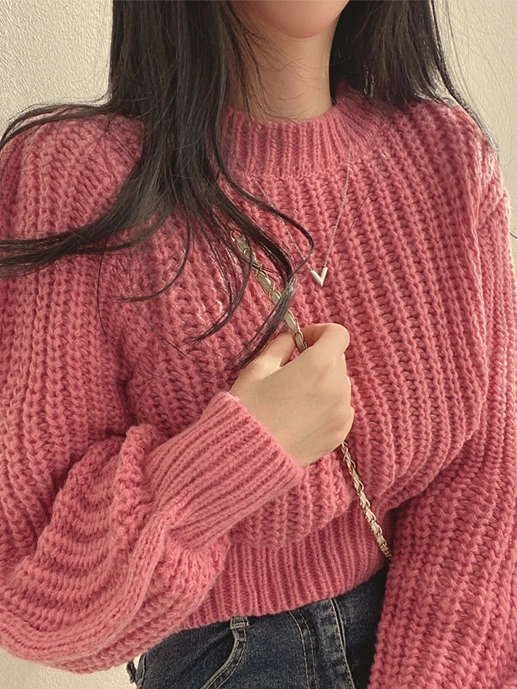 Vintage Harajuku Lantern Long Sleeve Korean Autumn Winter Knitwear Soft Warm Chic Solid Femme Sweater