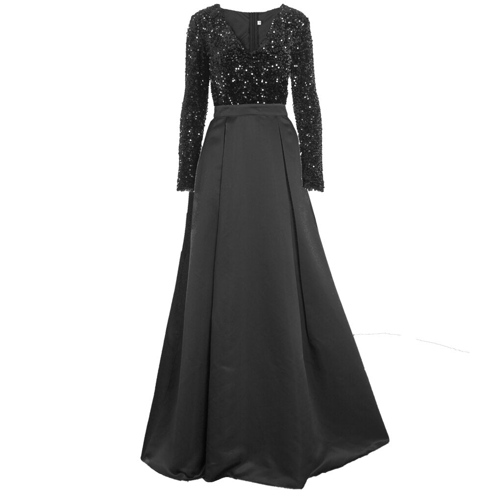 Lush Black Sequin Patchwork Maxi Prom Dress