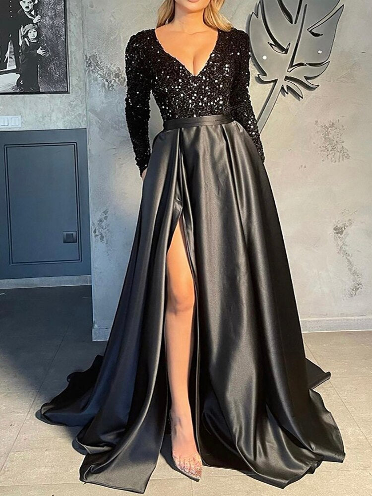 Lush Black Sequin Patchwork Maxi Prom Dress