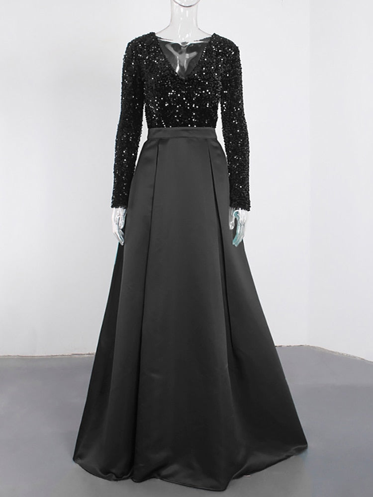 Lush Black Sequin Patchwork Maxi Prom Dress
