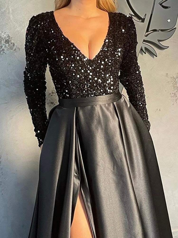 Lush Black Sequin Patchwork Maxi Prom Dress