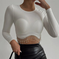Rhinestone Tassel Slim Black Corset Top Spring O-neck WomenLong Sleeve T-shirt