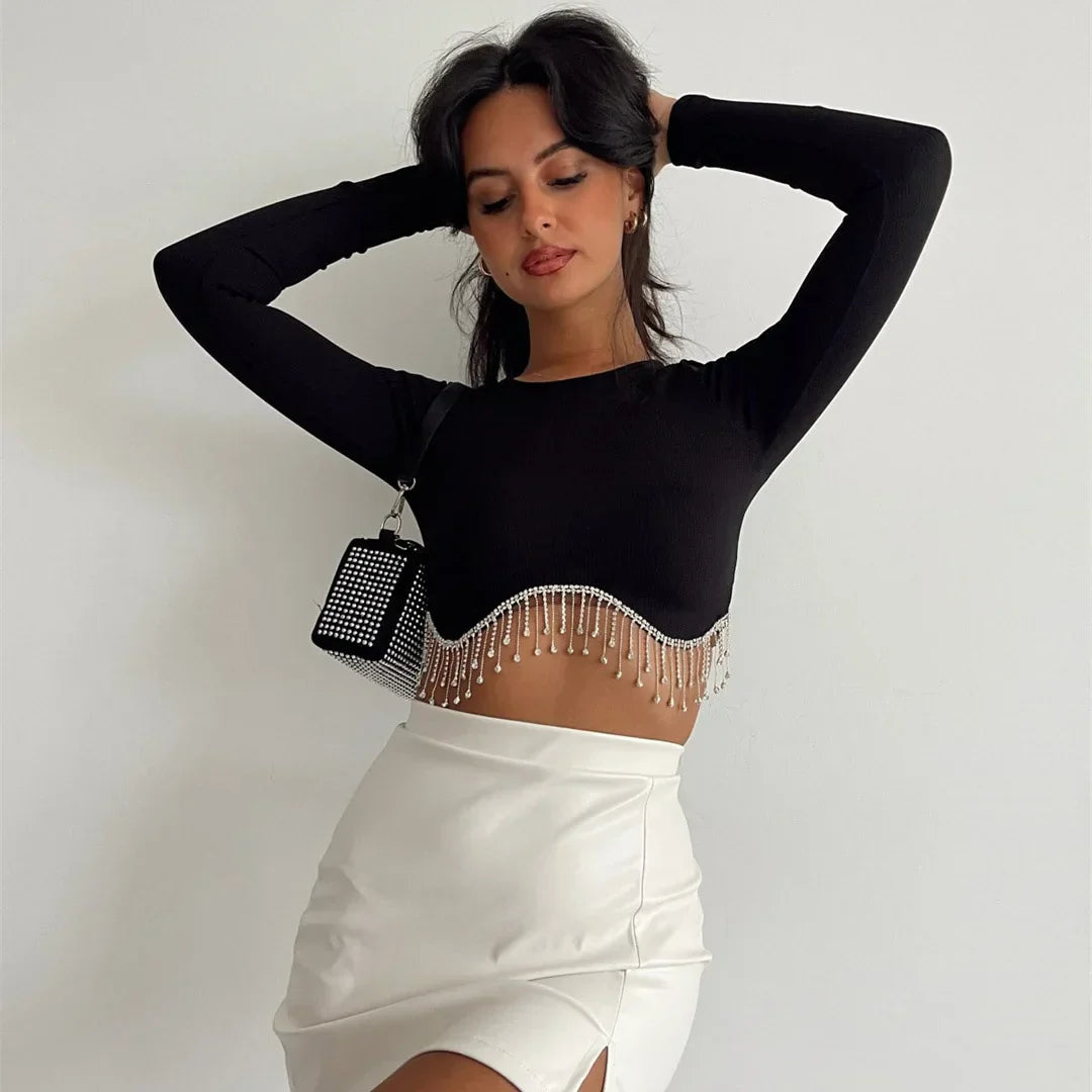 Rhinestone Tassel Slim Black Corset Top Spring O-neck WomenLong Sleeve T-shirt