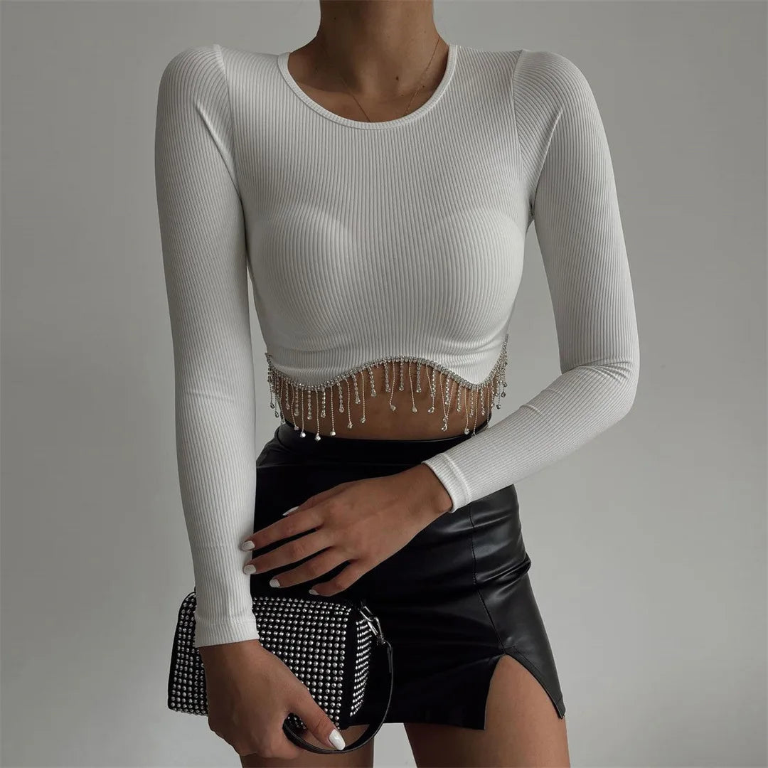 Rhinestone Tassel Slim Black Corset Top Spring O-neck WomenLong Sleeve T-shirt